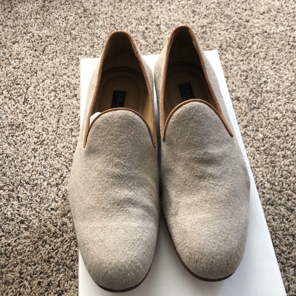 Beige and tan leather accent slip ons